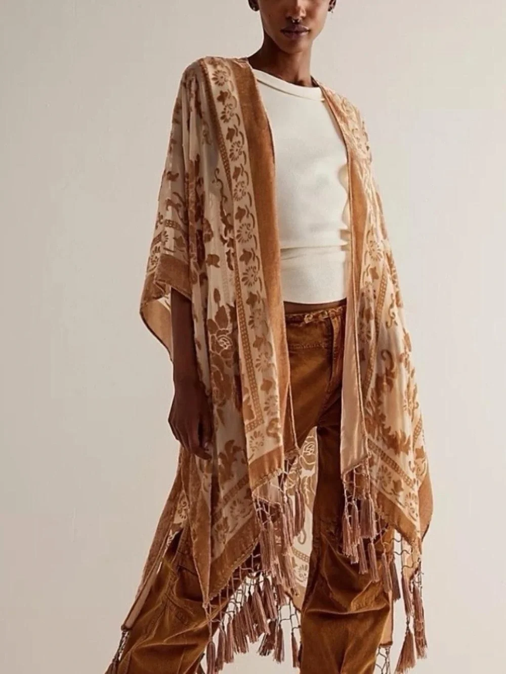 Free People Nightbird Velvet Burnout Fringe Kimono / Duster O/S Boho - Picture 3 of 9